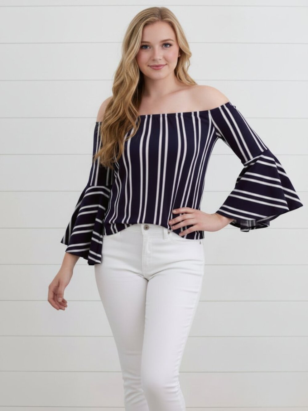 Express Navy & White Off the Shoulder Striped Top with Bell Sleeves, women